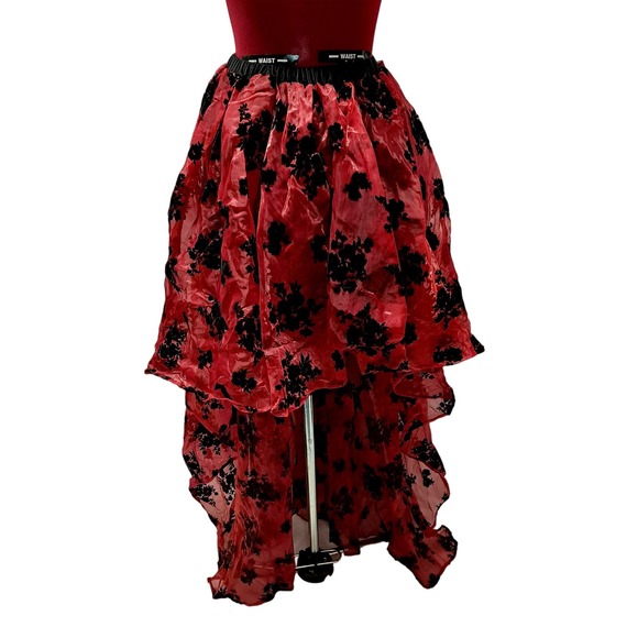 Burgundy Red sheer high low black flocked floral skirt M/L - Picture 1 of 9